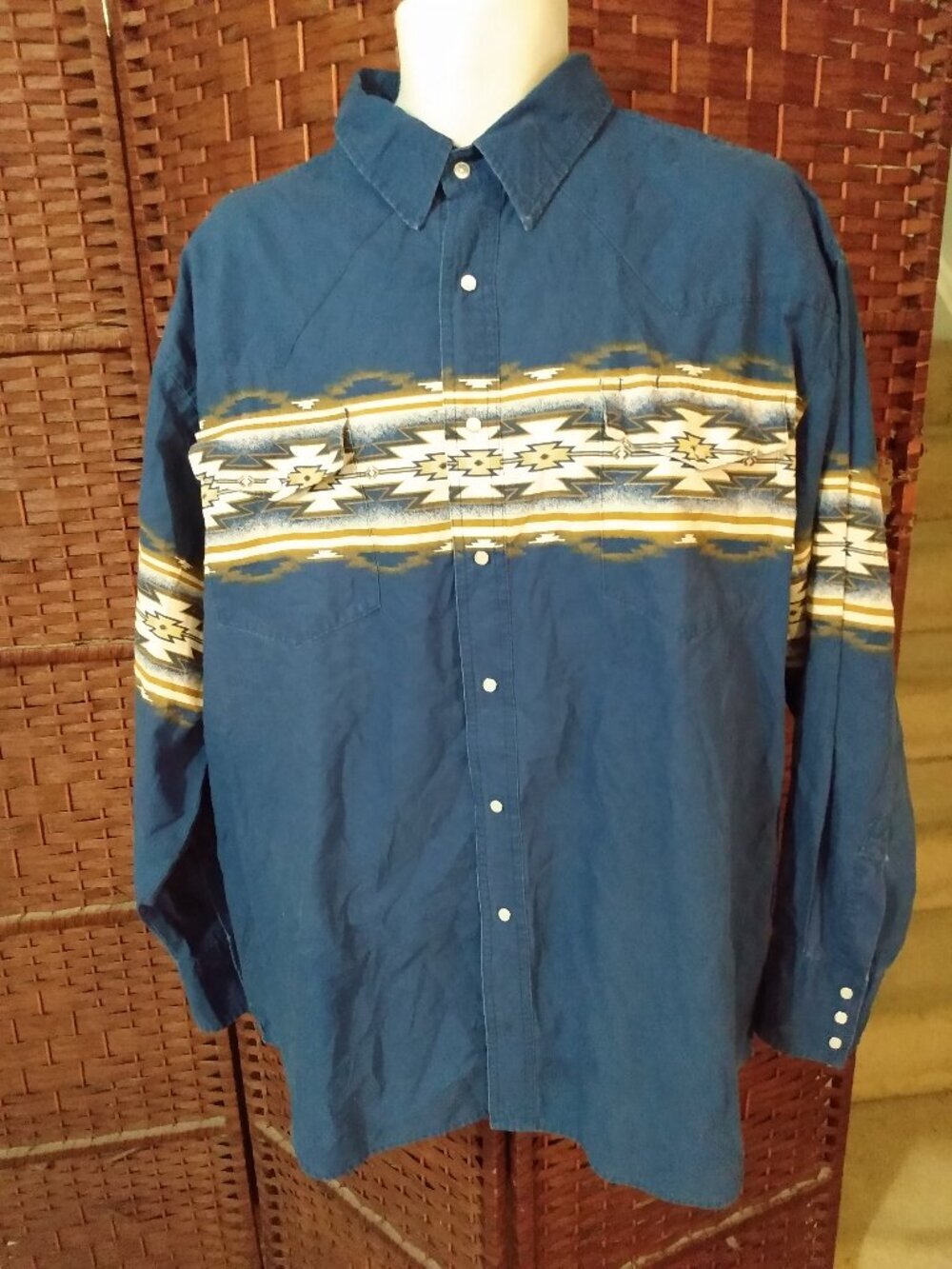 Vintage Rustler Wrangler Western Shirt Aztec Mens 2X Pearl Snap Buttons Cowboy